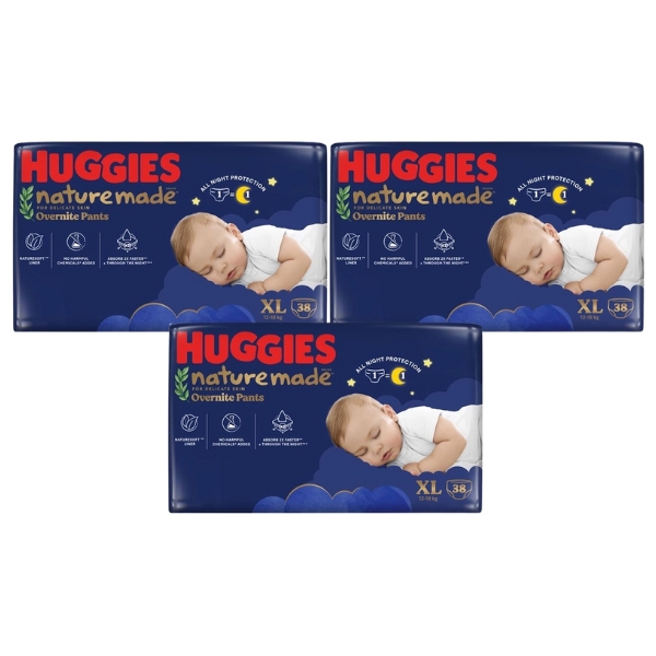Combo 3 tã quần Huggies Nature made Overnite size XL 38 miếng/bịch (12 - 18 kg)